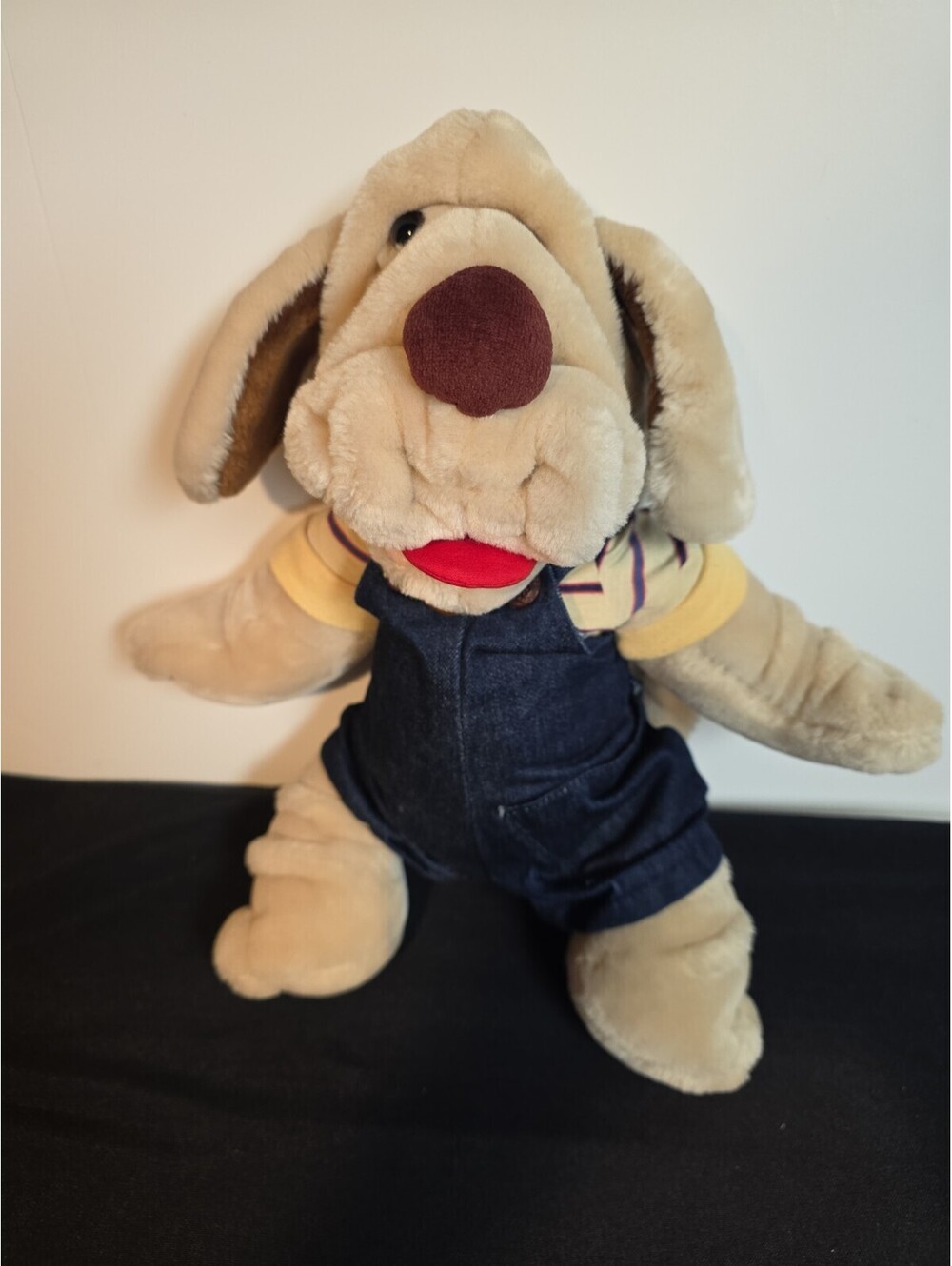 Ganz Bros Wrinkles Dog Hand Puppet Plush Denim Overall 1981 Vintage